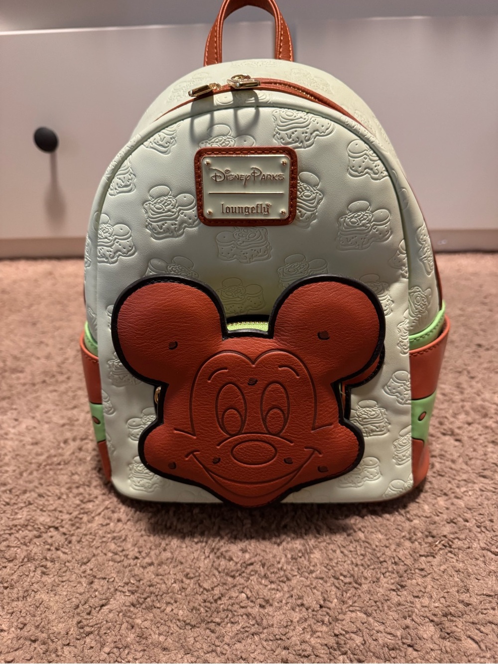 Loungefly Cream Mini Backpack with Brown Mickey Applique & Green Trim